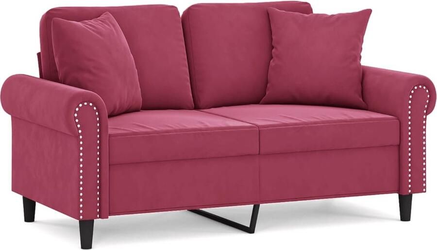 The Living Store Tweezitsbank met sierkussens 120 cm fluweel wijnrood Tweezitsbank Fluweel Sofa Rode Bank Lounge Meubilair Living Room Furniture - Foto 2
