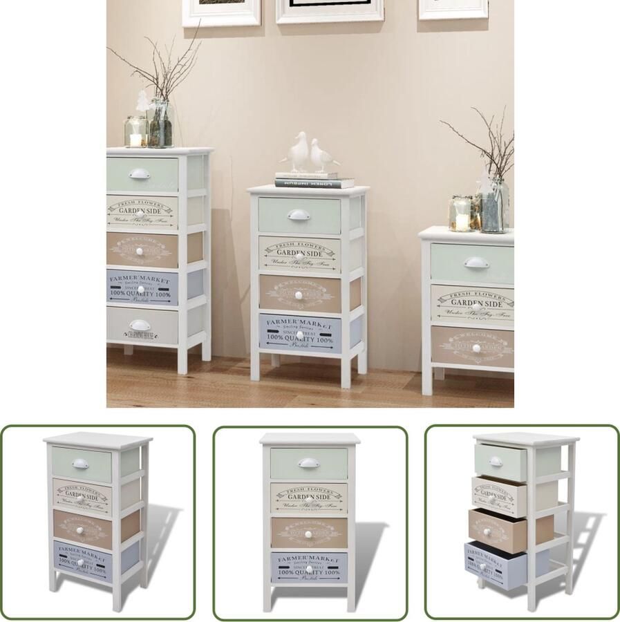 The Living Store Opbergkast Houten ladekast 4 lades Franse landelijke stijl 38x28x72 cm Opslagkast Ladekast Commode Landelijke Stijl Franse Stijl