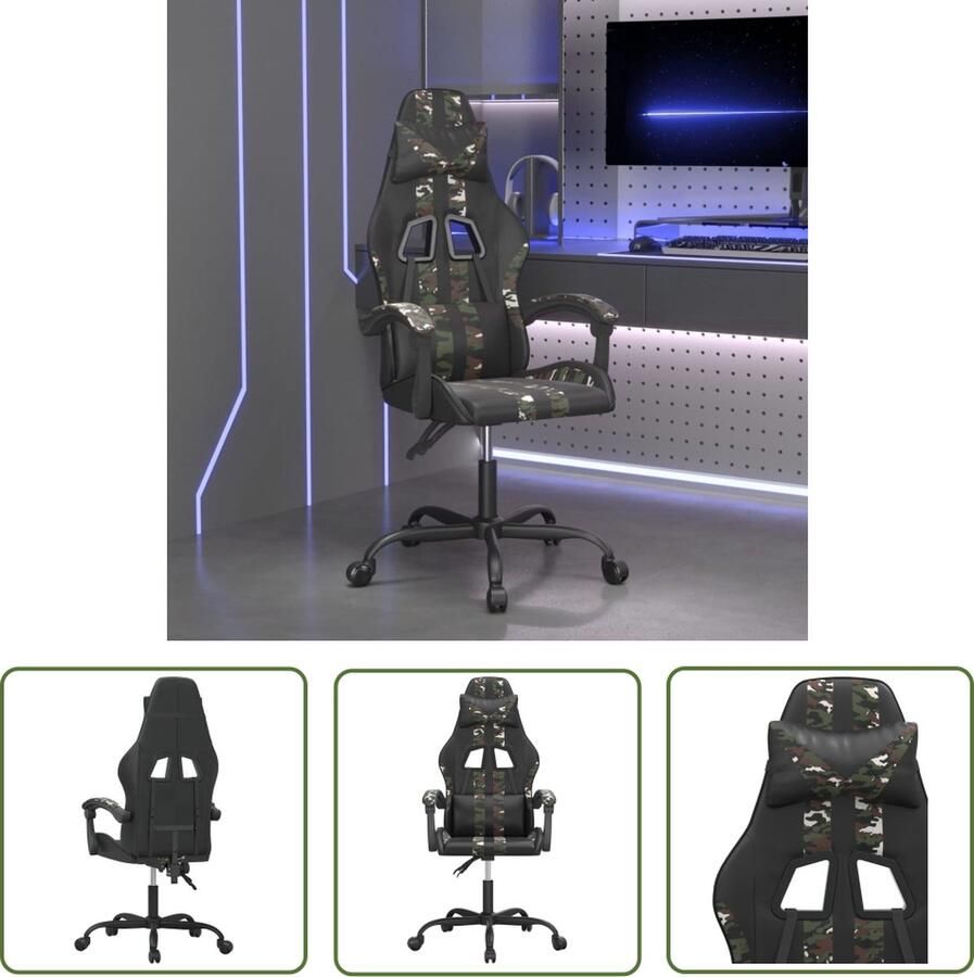 The Living Store Gamestoel Camouflage Verstelbare rugleuning en hoogte Extra kussens Gamestoel Gamingstoel Ergonomische Stoel Gamer Fauteuil Pc Stoel