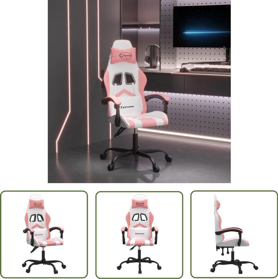 The Living Store Gamestoel draaibaar kunstleer wit en roze Gamingstoel Gamestoel Bureaustoel Ergonomische Stoel Witte Gamingstoel