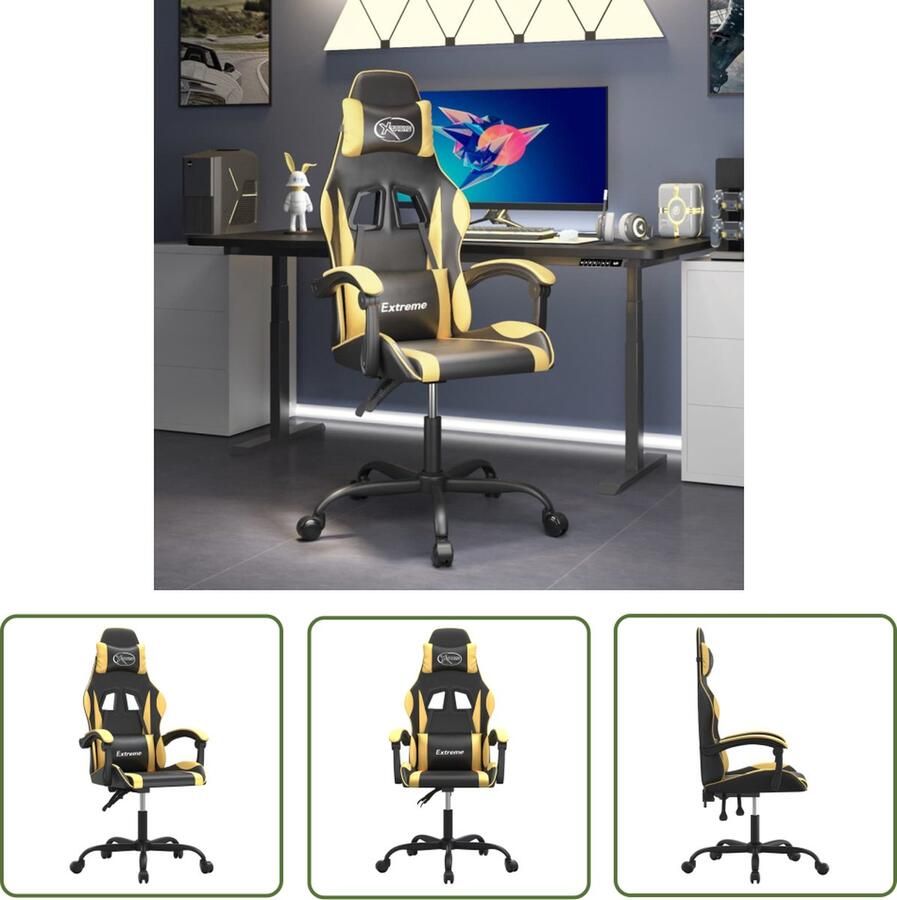 The Living Store Gamestoel Zwart goud Kunstleer 57.5 x 59.5 x (121-131) cm Verstelbare rugleuning en hoogte Inclusief extra kussens Stabiel metalen frame Gamestoel Gamingstoel Computerstoel Bureaustoel Ergonomische Stoel - Foto 6