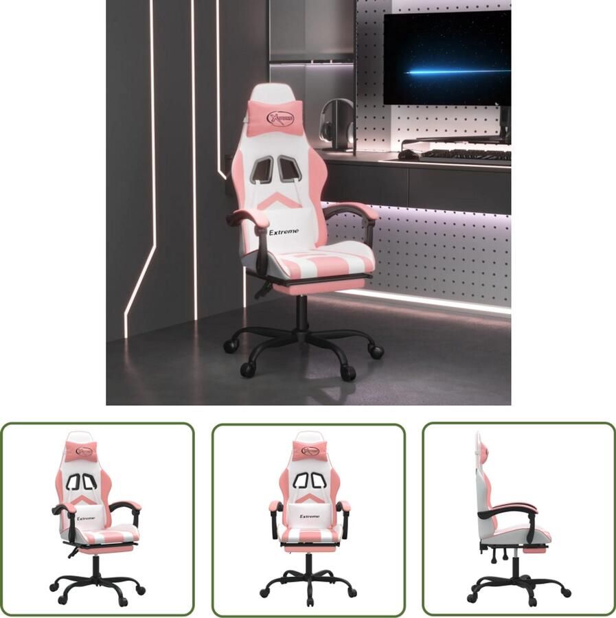 The Living Store Gamestoel draaibaar met voetensteun kunstleer wit en roze Gamingstoel Gamestoel Bureaustoel Ergonomische Stoel Roterende Stoel
