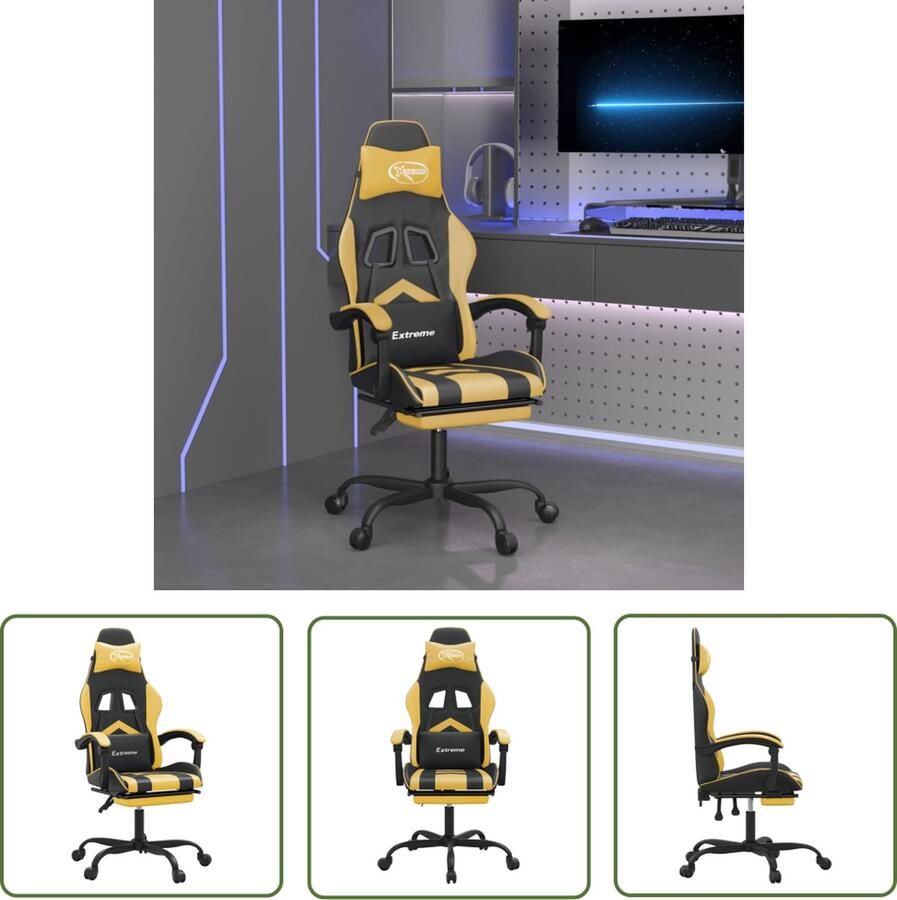 The Living Store Gamestoel Zwart Goud Kunstleer Verstelbare rugleuning en voetensteun 57.5 x 59.5 x (121 131) cm Gamestoel Gamingstoel Pc Stoel Bureaustoel Esports Stoel - Foto 6