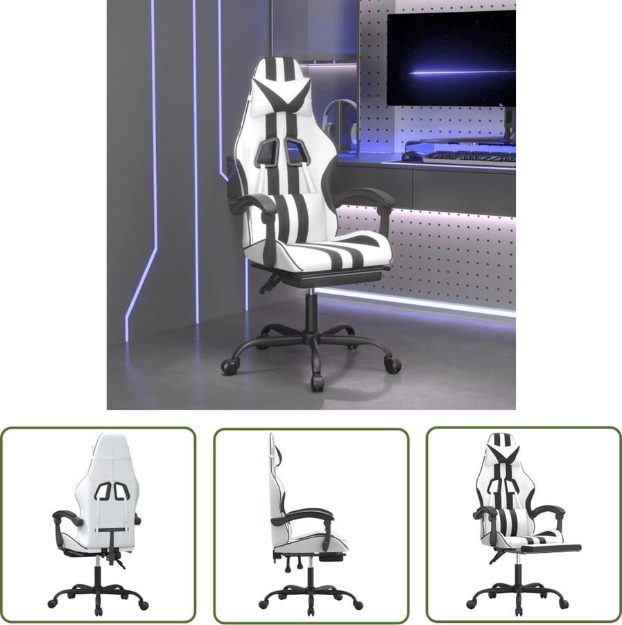 The Living Store Gamingstoel Wit Zwart 57.5 x 59.5 x (121-131) cm Duurzaam kunstleer Extra kussens Verstelbaar 360 graden draaibaar Stevig frame Gamingstoel Gamingmeubel Pc Stoel Bureaustoel Ergonomische Stoel