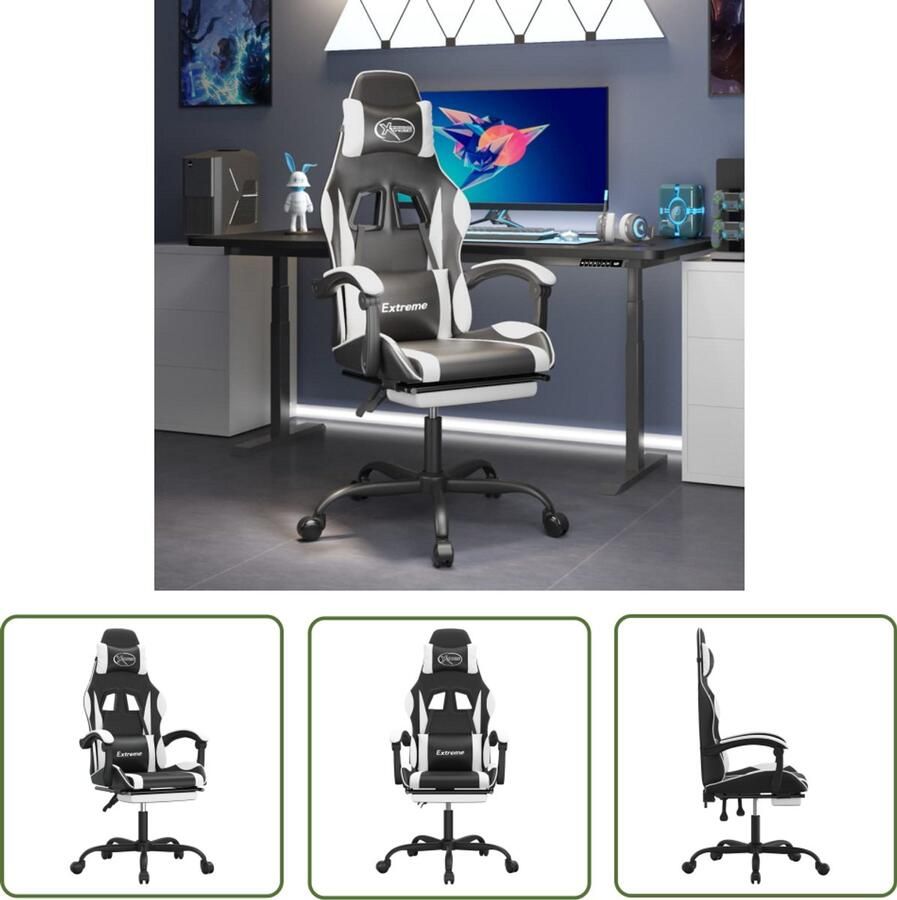 The Living Store Gamestoel draaibaar met voetensteun kunstleer zwart en wit Gamingstoel Gamestoel Bureaustoel Ergonomische Stoel Gaming Accessoires