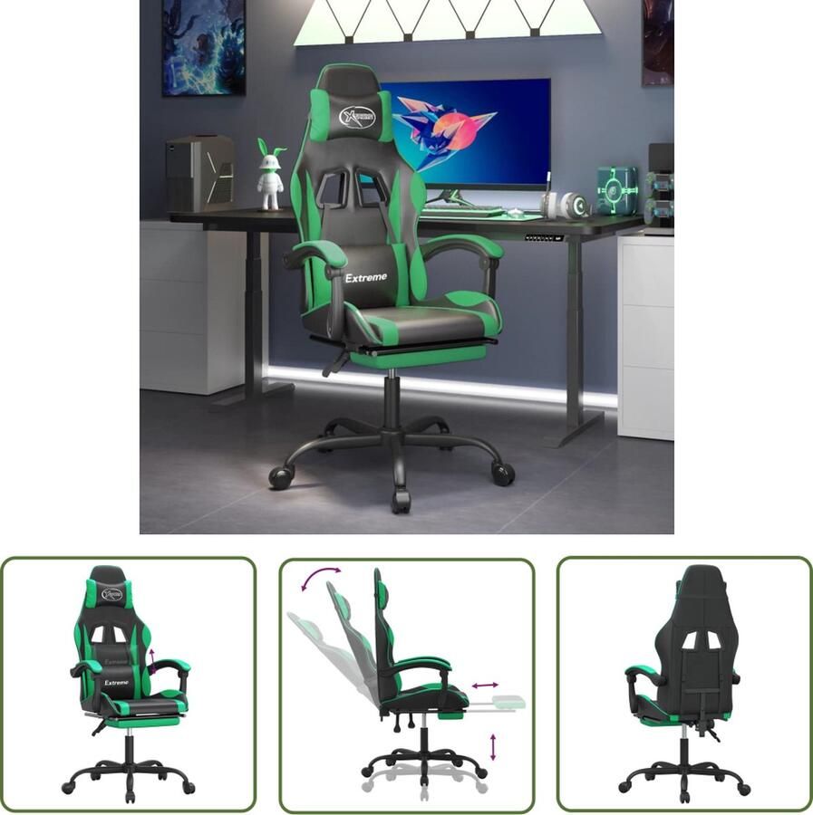 The Living Store Gamestoel Zwarte en Groene Kunstleren Stoel Verstelbare Rugleuning en Voetensteun Stevig en Stabiel Frame 57.5 x 59.5 x (121-131) cm (B x D x H) - Foto 4