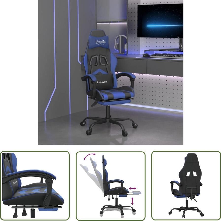 The Living Store Gamestoel Ergonomisch Zwart Blauw Kunstleer Verstelbaar Met Extra Kussens Voetensteun Gamestoel Gamingstoel Ergonomische Stoel Pc Stoel Bureaustool - Foto 4