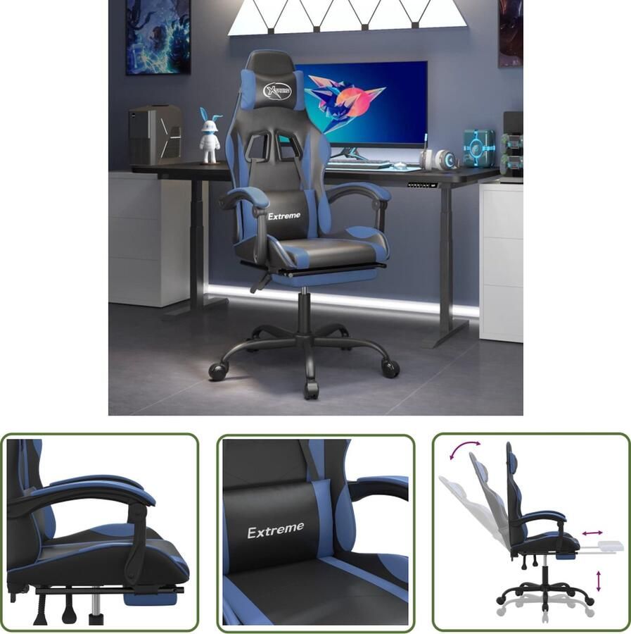 The Living Store Gamestoel Ergonomisch Zwart Blauw Kunstleer Verstelbaar Met Extra Kussens Voetensteun Gamestoel Gamingstoel Ergonomische Stoel Pc Stoel Bureaustool - Foto 5