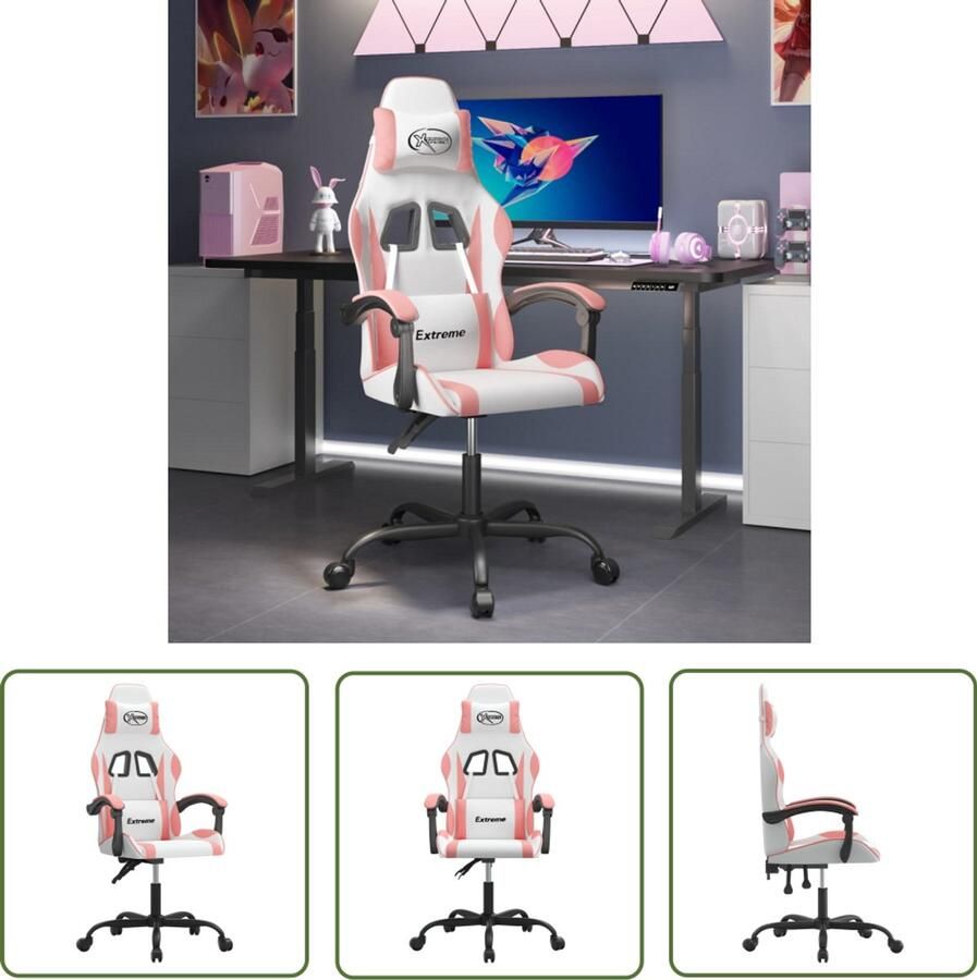The Living Store Gamestoel kunstleer wit en roze Gamingstoel Gamestoel Bureaustoel Ergonomische Stoel Kunstleder Gamingstoel