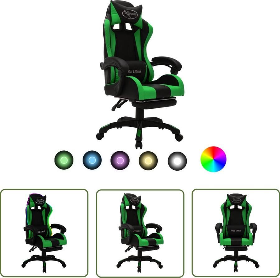 The Living Store Racestoel met RGB LED-verlichting kunstleer groen en zwart Gamestoel Gamingstoel Racecarstoel Esportsstoel Kantoorstoel - Foto 2