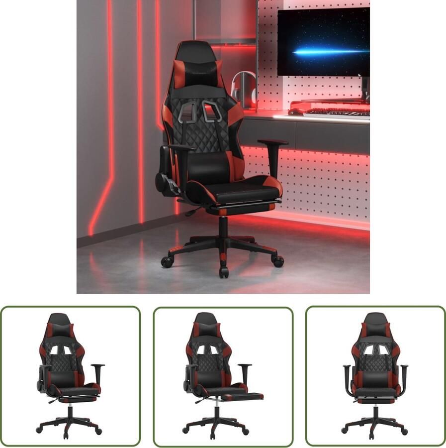 The Living Store Massage gamestoel met voetensteun kunstleer zwart en wijnrood Gamestoel Gamingstoel Ergonomische Stoel Massage Stoel Bureaustoel - Foto 2