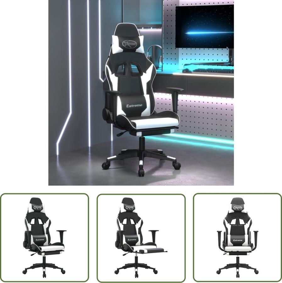 The Living Store Gamestoel Massage Verstelbare rugleuning Duurzaam kunstleer Stijlvol design Stevig frame Zwart-wit 67x58x(118-128)cm - Foto 2