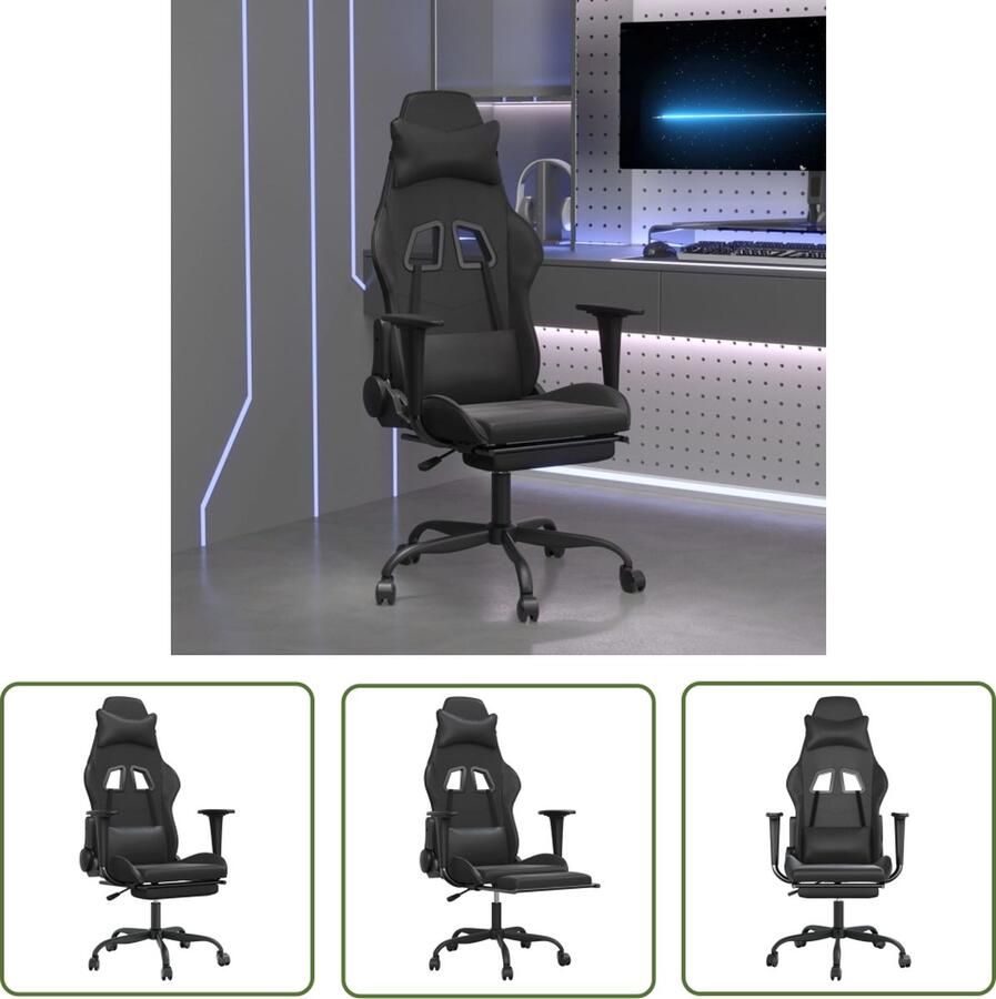 The Living Store Gamestoel Massage Verstelbare rugleuning Zwart 66x56x(120.5-131)cm Gamestoel Gamingstoel Massage Stoel Bureaustoel Computerstoel