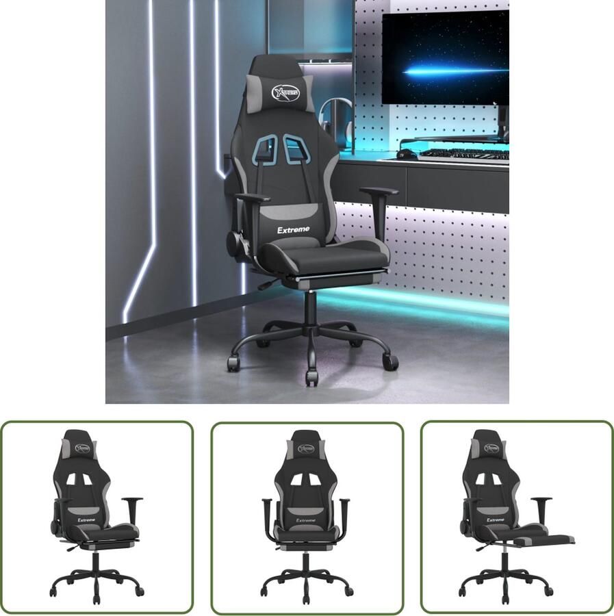 The Living Store Gamestoel Massagefunctie Verstelbare rugleuning Duurzaam materiaal Stabiel frame Zwart Lichtgrijs 66x58x(120-130)cm - Foto 2