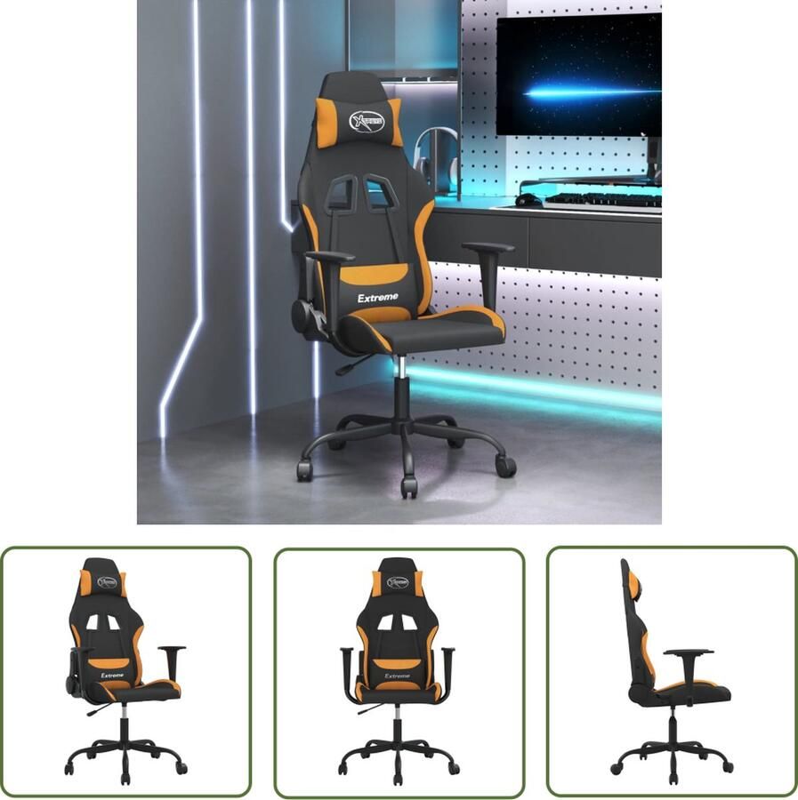 The Living Store Gamestoel Massagefunctie Verstelbare rugleuning en voetensteun Stevig en stabiel frame Zwart oranje 65x62.5x(120-130)cm - Foto 2