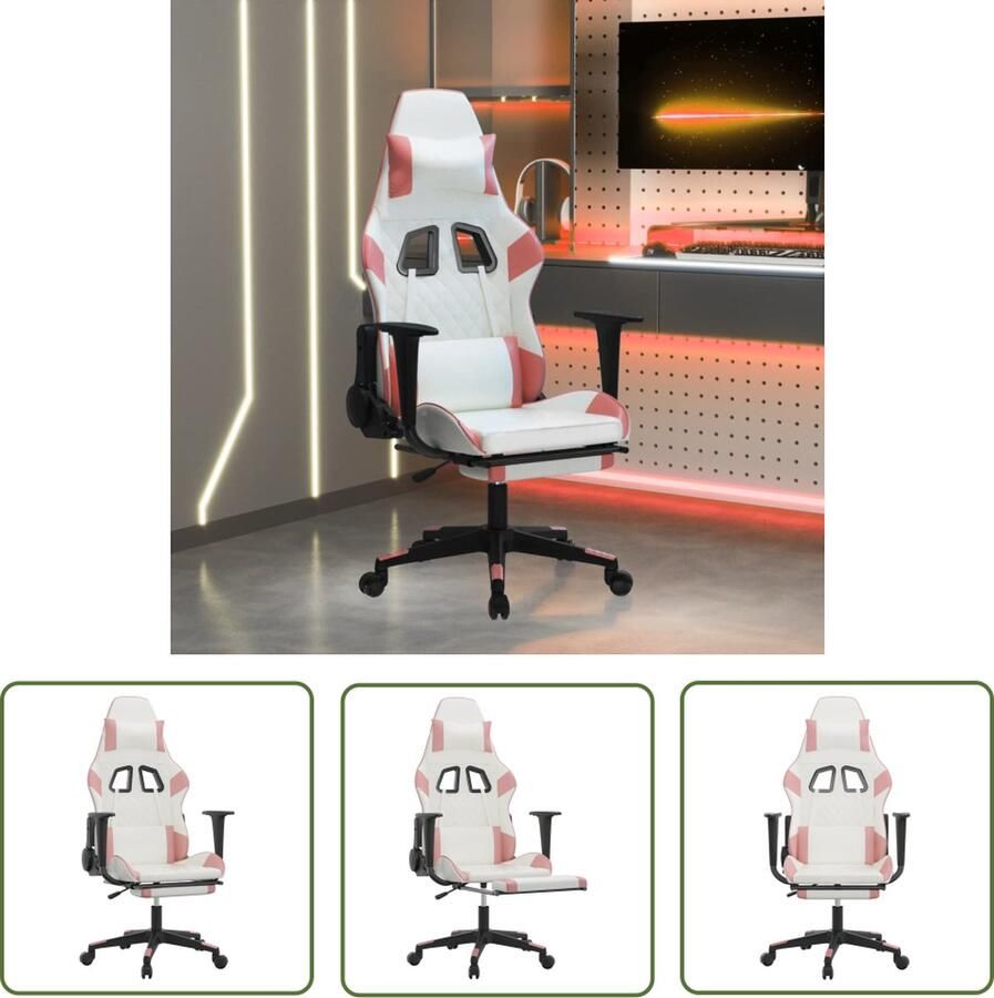 The Living Store Gamestoel Massagefunctie Verstelbare rugleuning en voetensteun Stevig en stabiel Wit Roze 64x60x(117-127)cm Gamestoel Gamingstoel Massagefunctie Roterende Stoel Bureaustoel