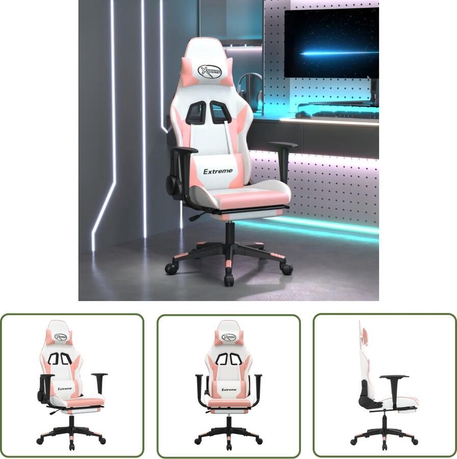 The Living Store Gamestoel Kunstleer Verstelbare rugleuning en voetensteun Handig ontwerp Stevig en stabiel frame Wit en Roze 67 x 58 x (118 128) cm Gamestoel Gamingstoel Pc Stoel Computerstoel Racecar Stoel