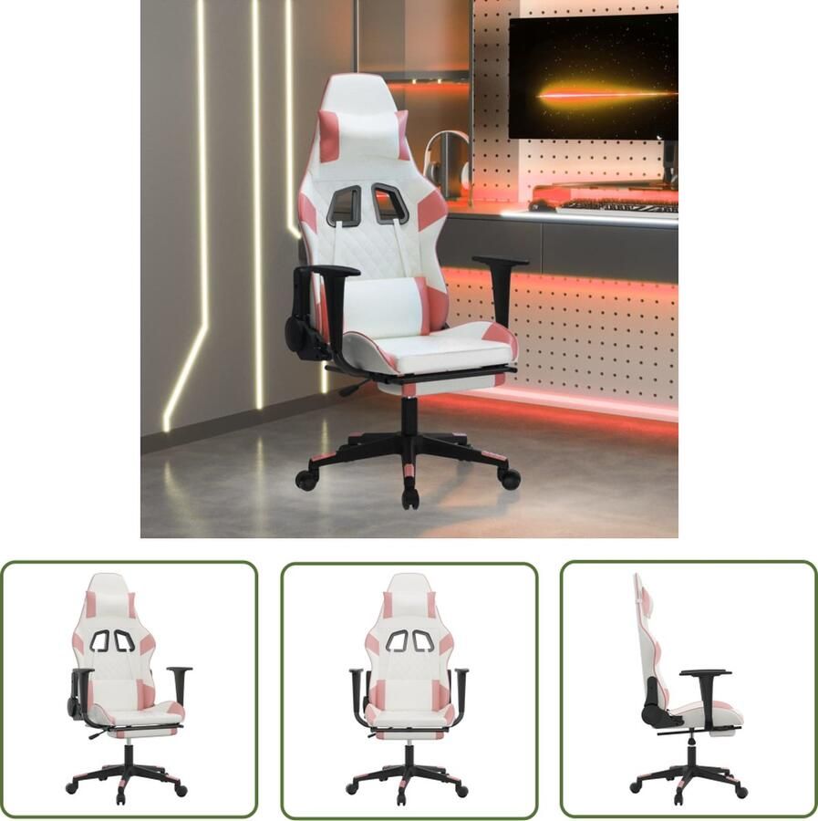 The Living Store Gamestoel Kunstleren stoel Verstelbare rugleuning en voetensteun Stabiel frame Wit en roze Gamestoel Gamingstoel Pc Stoel Bureaustoel Kantoorstoel