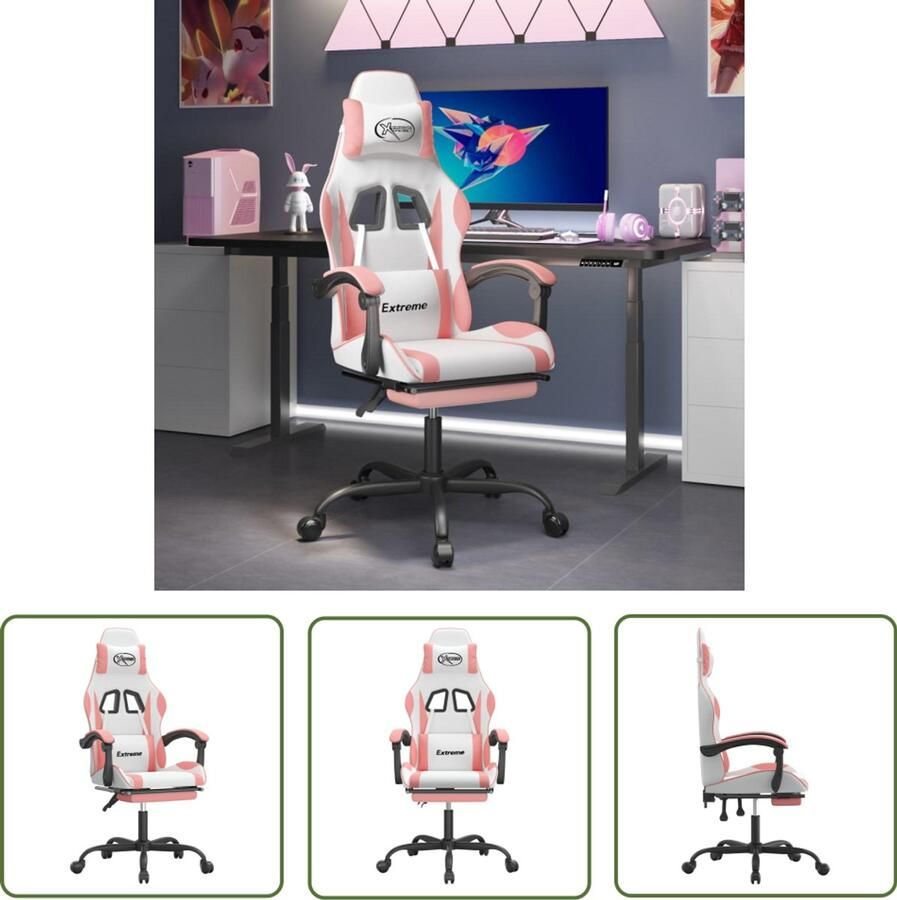 The Living Store Gamestoel met voetensteun kunstleer wit en roze Gamingstoel Bureaustoel Verstelbare Gamingstoel Ergonomische Stoel Pc Stoel