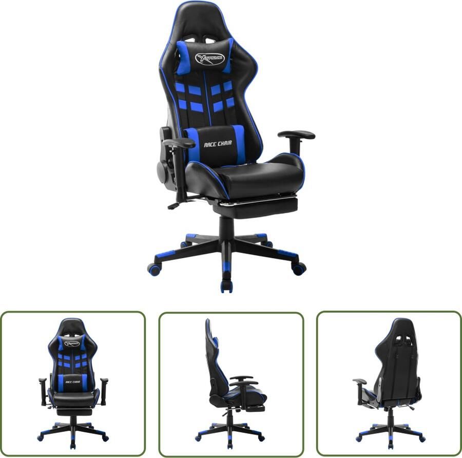 The Living Store Gamingstoel Dik gevoerd Hoge rugleuning In hoogte verstelbaar 2 extra kussens Uittrekbare voetensteun 5 zwenkwieltjes Zwart Blauw Metaal Kunstleer 67x61cm 110kg - Foto 2
