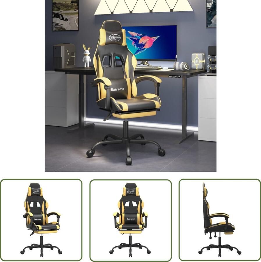 The Living Store Gamestoel Zwart Goud Kunstleer Verstelbare rugleuning en voetensteun 57.5 x 59.5 x (121 131) cm Gamestoel Gamingstoel Pc Stoel Bureaustoel Esports Stoel - Foto 7