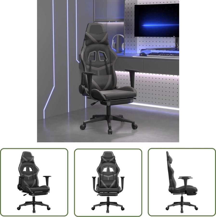 The Living Store Gamestoel Zwart-Grijs Ergonomisch Verstelbare rugleuning en voetensteun Kunstleer Stabiel frame 67x64x116-127 cm Gamestoel Gamingstoel Ergonomische Stoel Bureaustool Computerstoel