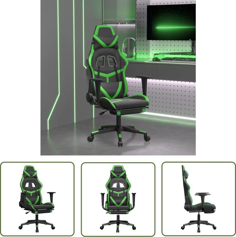 The Living Store Gamestoel Zwart Groen Kunstleer Verstelbare rugleuning Verstelbare voetensteun 67 x 64 x (116-127) cm 360 graden draaibaar Stevig frame Gamestoel Gamingstoel Computerstoel Bureaustoel Esportsstoel