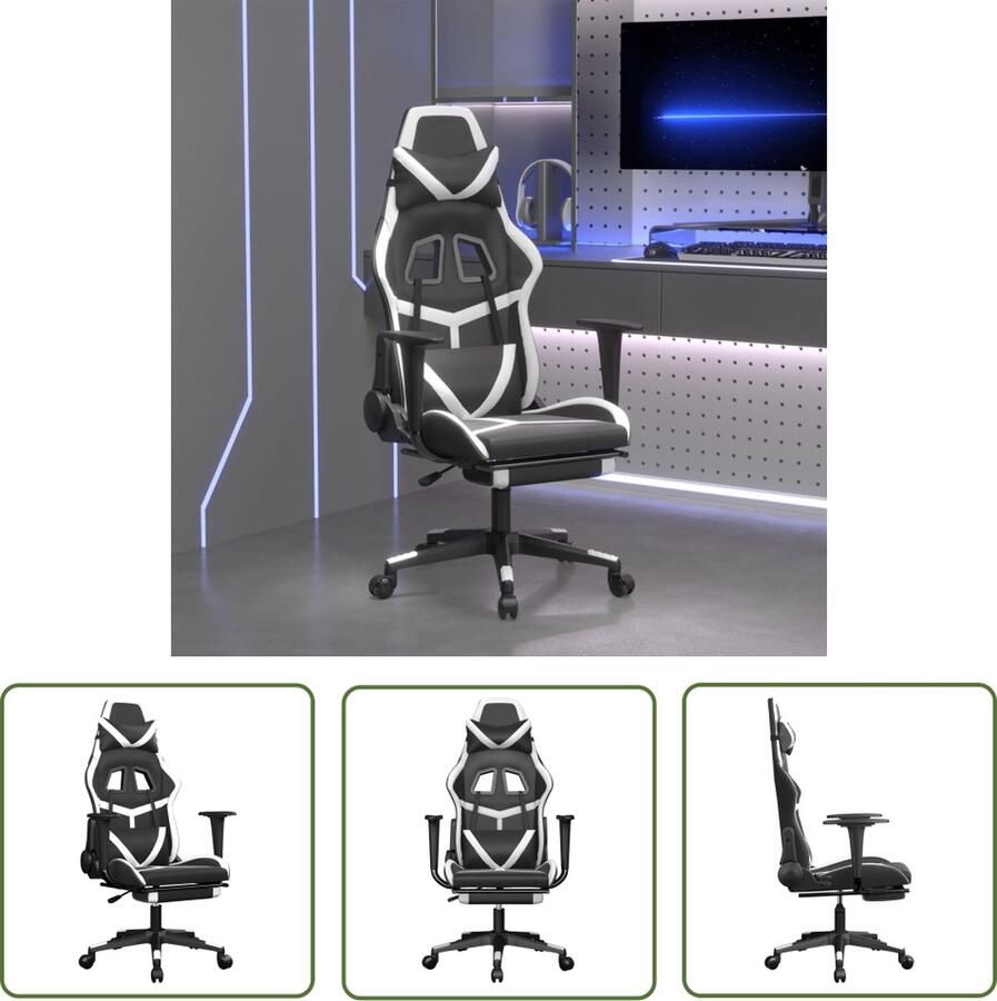 The Living Store Gamestoel Kunstleer Verstelbare rugleuning en voetensteun Handig ontwerp Stevig en stabiel frame Zwart wit Gamestoel Gamingstoel Bureaustoel Computerstoel Verstelbare Stoel