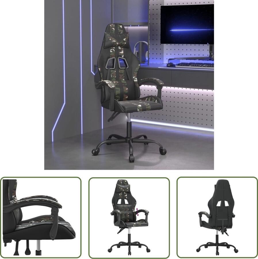 The Living Store Gamestoel Verstelbaar Kunstleer Zwart Camouflage 57.5x59.5x(121-131)cm Schuimvulling