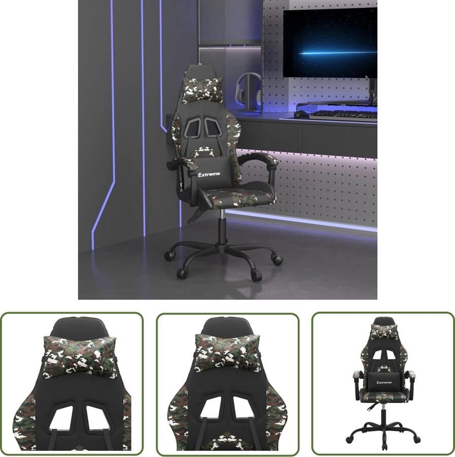 The Living Store Gamestoel Verstelbaar Massage Kunstleer Zwart Camouflage