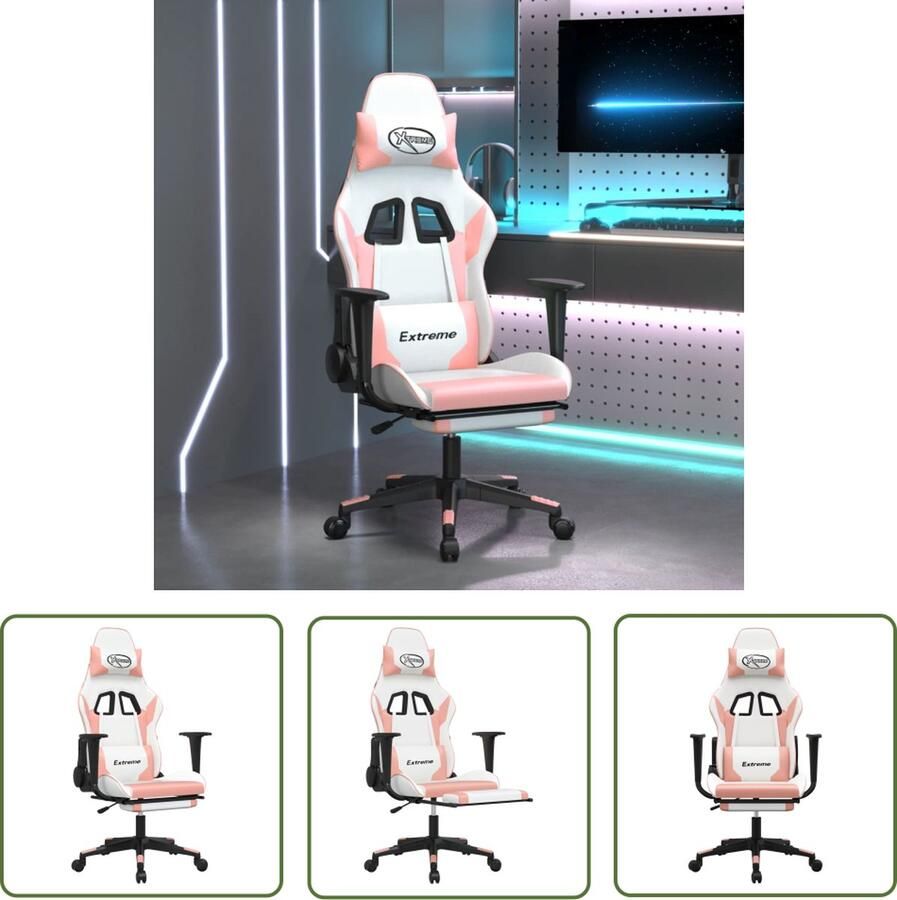 The Living Store Gamestoel Wit en roze Kunstleer Massagefunctie Verstelbare rugleuning en voetensteun Stevig en stabiel frame Totale afmetingen- 67 x 58 x (118 128) cm
