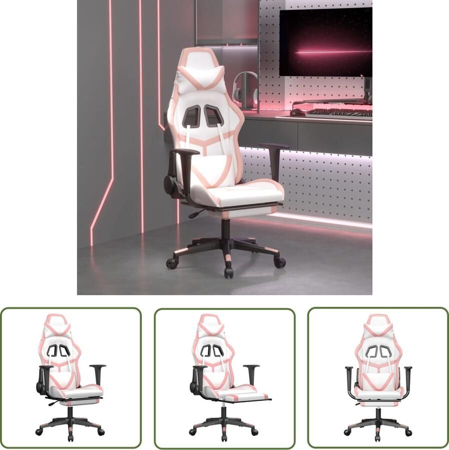 The Living Store Gamestoel Wit en Roze Kunstleer Massagefunctie Verstelbare rugleuning en voetensteun Stevig en stabiel frame Afmetingen 67 x 64 x (116-127) cm Zithoogte 40.5-50 cm