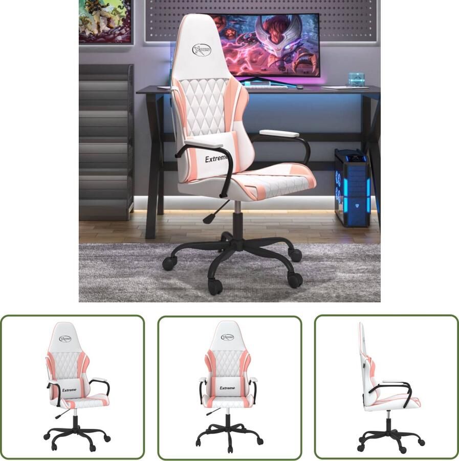 The Living Store Gamestoel Wit en Roze Verstelbaar met Massagefunctie Kunstleer Gamestoel Gamingstoel Pc Stoel Ergonomische Stoel Massage Functie