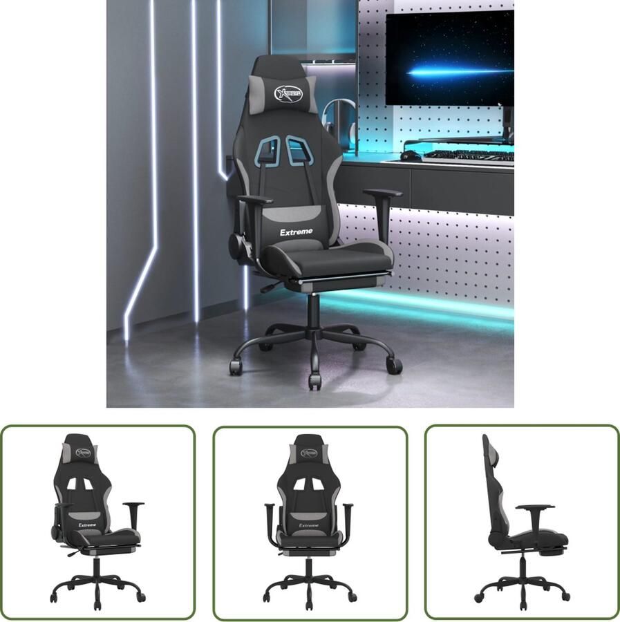 The Living Store Gamestoel X Gamestoelen 66 x 58 cm Verstelbare rugleuning en voetensteun 360 graden draaibaar Stevig frame Inclusief montagehandleiding Kleur- zwart en lichtgrijs - Foto 2