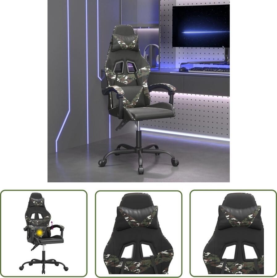 The Living Store Gamestoel Zwart Camouflage 57.5x59.5x121-131cm Verstelbare Rugleuning en Hoogte Extra Kussens Handig Ontwerp USB-aansluiting Gamestoel Gamingstoel Pc Stoel Gamer Fauteuil Ergonomische Stoel - Foto 2