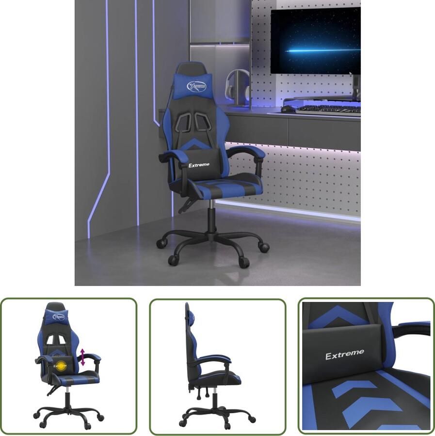 The Living Store Gamestoel Zwart en Blauw 57.5 x 59.5 x (121-131) cm Duurzaam kunstleer Extra kussens Verstelbare rugleuning en hoogte Handig ontwerp Stevig frame Massagepunt