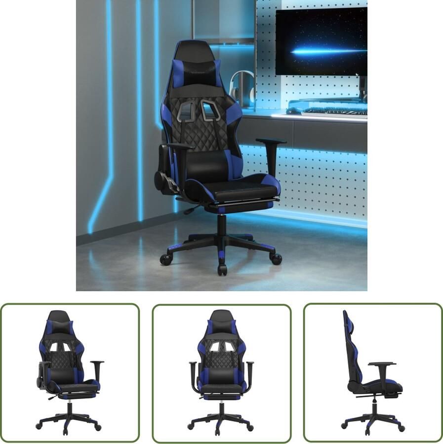 The Living Store Gamestoel Zwart en Blauw Kunstleer 64x60 cm Verstelbare rugleuning en voetensteun Stevig en stabiel frame Geschikt voor gaming Montagehandleiding inbegrepen - Foto 2