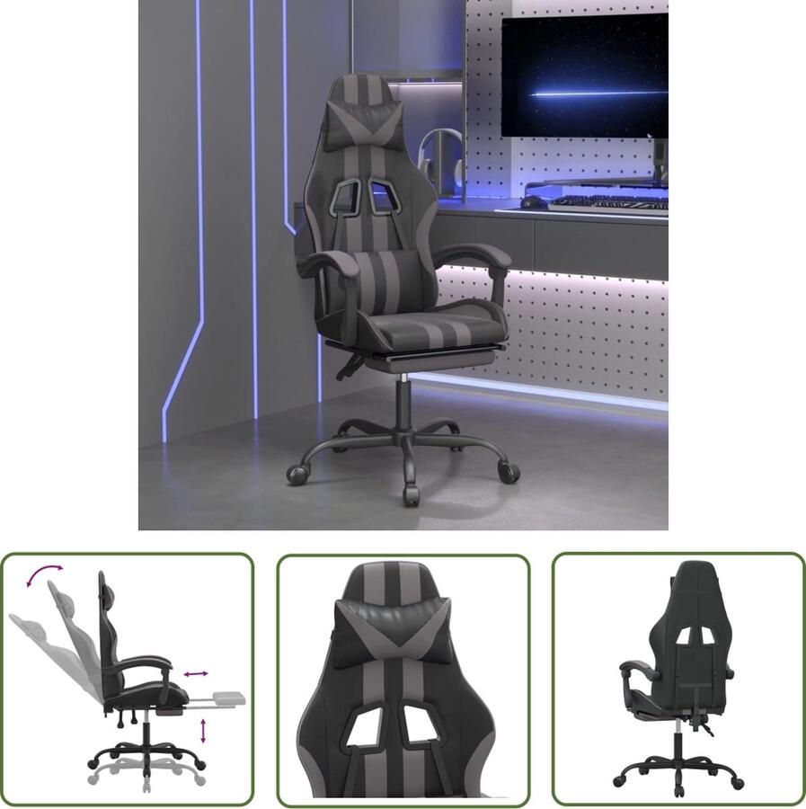 The Living Store Gamestoel draaibaar met voetensteun kunstleer zwart en grijs Bureaustoel