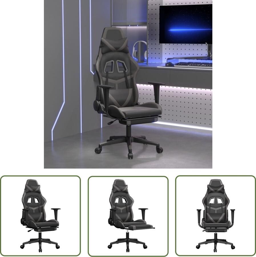 The Living Store Gamestoel Zwart en Grijs Massagefunctie Verstelbare Rugleuning en Voetensteun Duurzaam Kunstleer 67x64x(116-127)cm Gamestoel Gamingstoel Massage Functie Ergonomic Chair Bureaustoel - Foto 2