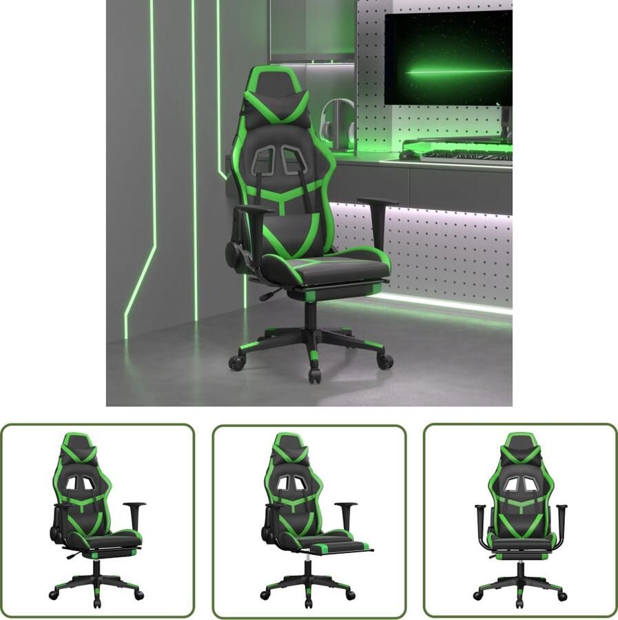 The Living Store Massage gamestoel met voetensteun kunstleer zwart en groen Gamestoel Gamingstoel Massagestoel Pc Stoel Bureaustoel