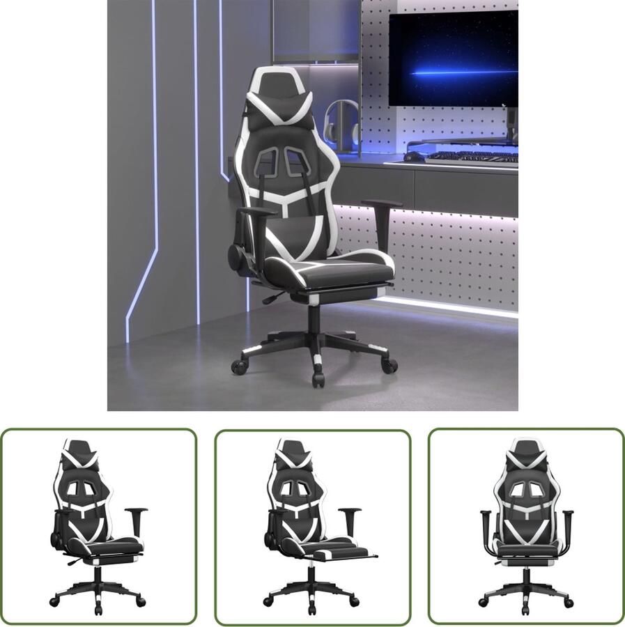 The Living Store Gamestoel Zwart en Wit Massagefunctie Verstelbare rugleuning en voetensteun 67 x 64 x (116 127) cm (B x D x H) Gamestoel Gamingstoel Massagestoel Kantoorstoel Computerstoel
