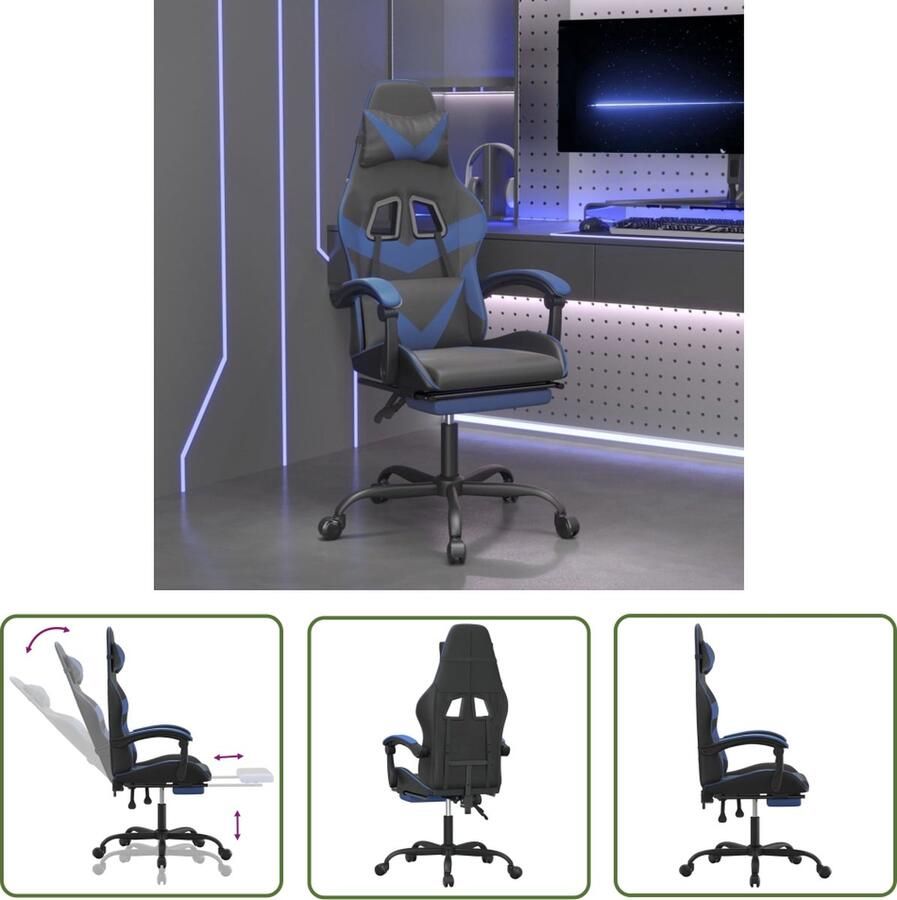The Living Store Gamestoel draaibaar met voetensteun kunstleer zwart en blauw Gamestoel Gamingstoel Pc Stoel Ergonomische Stoel Verstelbare Stoel