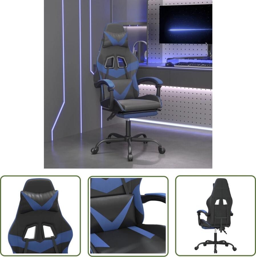 The Living Store Gamestoel Zwart Blauw Liggend- 57.5 x 129.5 x (108.5 118.5) cm Zithoogte 44.5 54.5 cm Verstelbare rugleuning en voetensteun Stevig frame Kunstleer materiaal - Foto 2