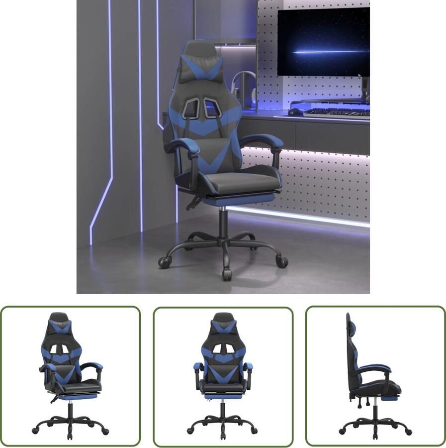 The Living Store Gamestoel Zwart Blauw Liggend- 57.5 x 129.5 x (108.5 118.5) cm Zithoogte 44.5 54.5 cm Verstelbare rugleuning en voetensteun Stevig frame Kunstleer materiaal