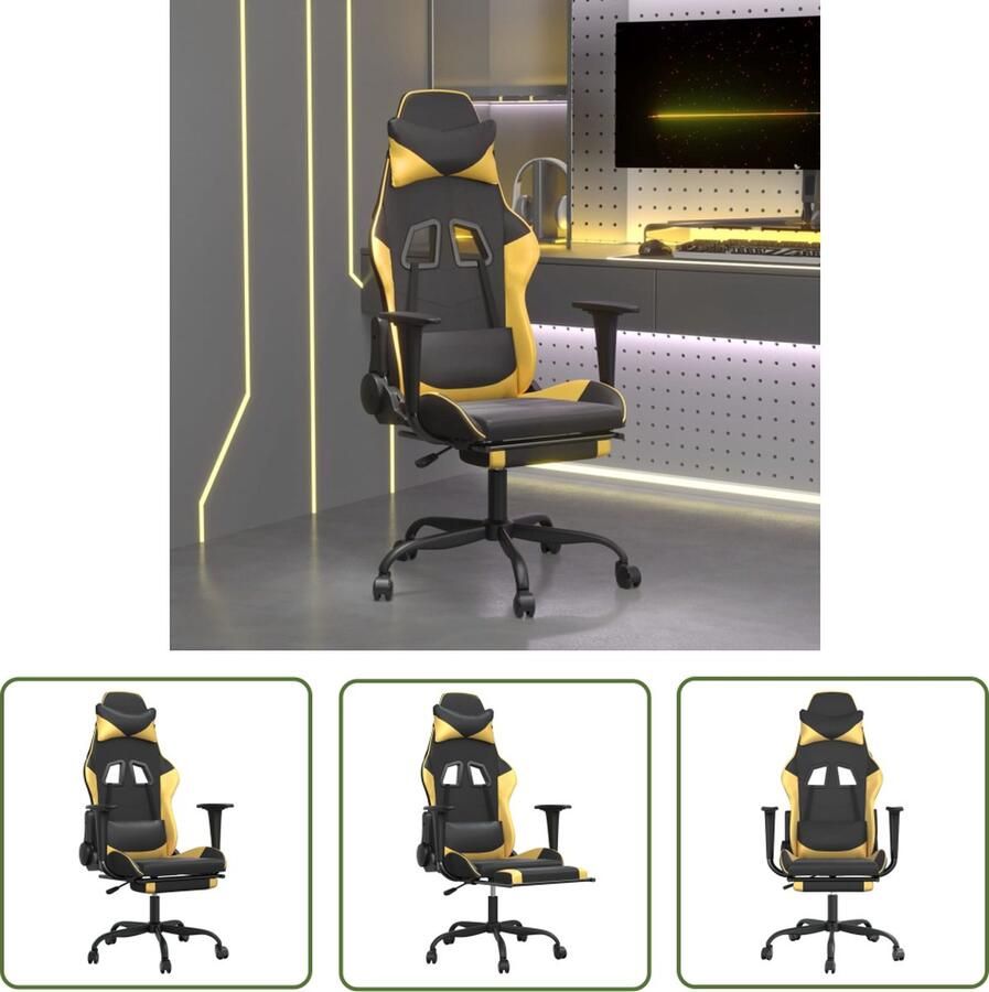 The Living Store Gamestoel Zwart Goud Kunstleer Massagefunctie Verstelbaar Handig ontwerp Stevig frame 66x56x(120.5-131) cm Gamestoel Gamingstoel Massagefunctie Kantoorstoel Bureaustoel - Foto 2