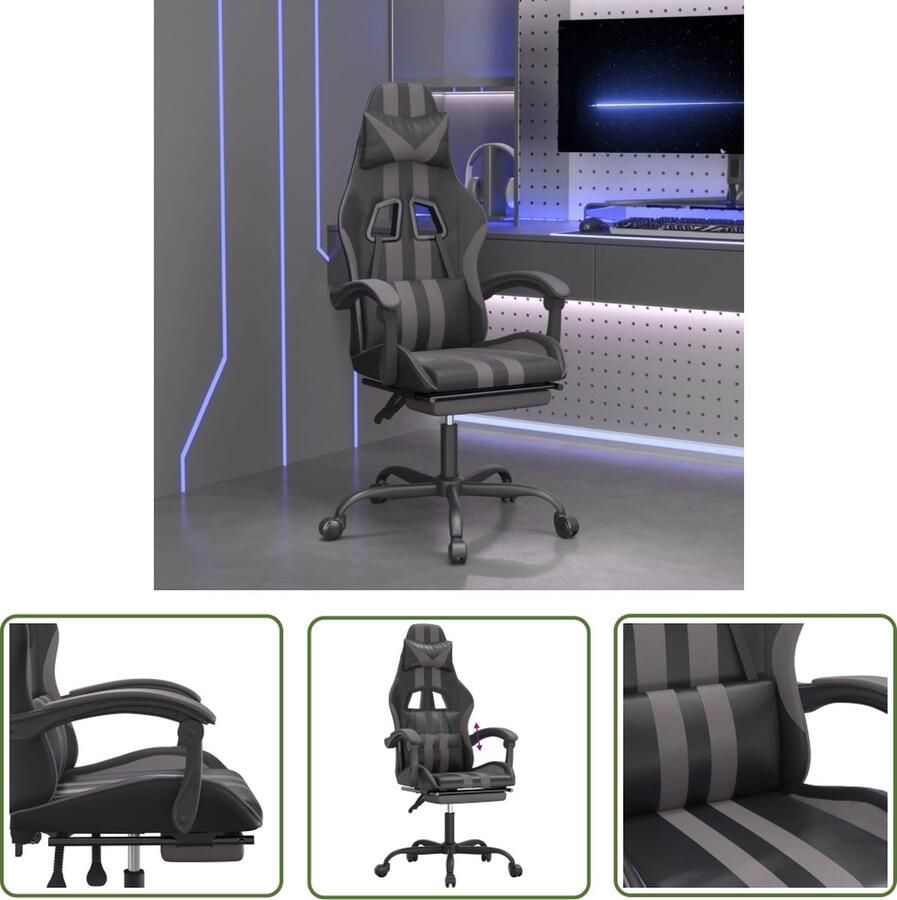 The Living Store Gamestoel draaibaar met voetensteun kunstleer zwart en grijs Gamestoel Gamingstoel Computerstoel Bureaustoel Zwarte Gamestoel - Foto 2