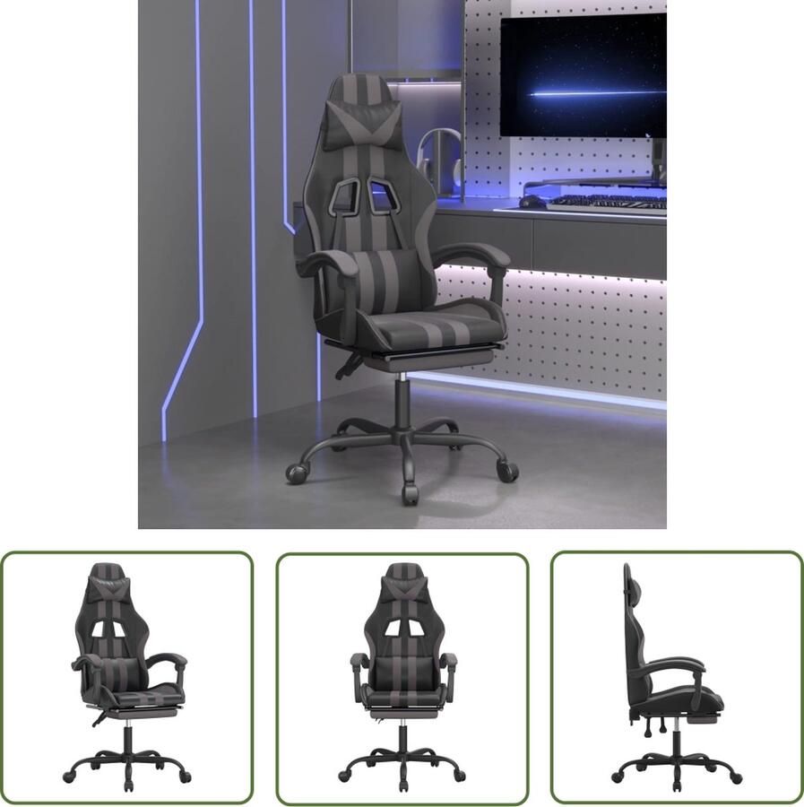 The Living Store Gamestoel draaibaar met voetensteun kunstleer zwart en grijs Gamestoel Gamingstoel Computerstoel Bureaustoel Zwarte Gamestoel - Foto 3