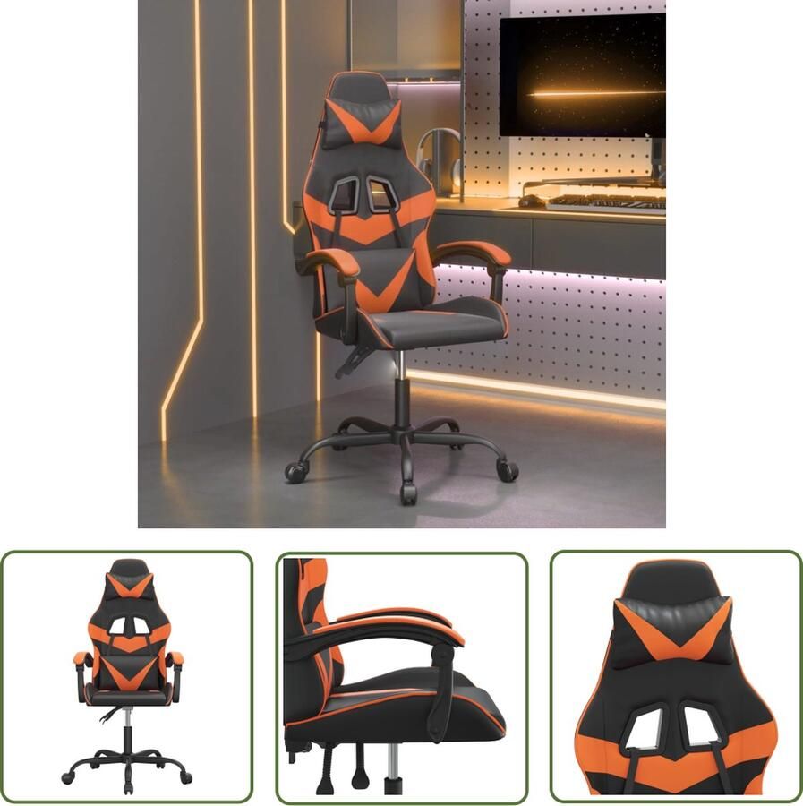 The Living Store Gamestoel Zwart oranje Kunstleer Verstelbaar Met extra kussens 135 graden lighoek - Foto 2