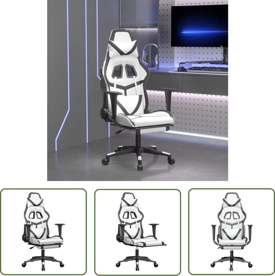 The Living Store Gamestoel Zwart Wit Verstelbare rugleuning Massagefunctie Gamestoel Gamingstoel Massagefunctie Verstelbaar Bureaustoel