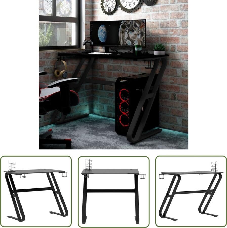 The Living Store Gamingbureau met ZZ-vormige poten 90x60x75 cm zwart Gaming Bureau Voor Gamers Ergonomisch Bureau Met Koptelefoonrek Bureau Met Controllerrek - Foto 2